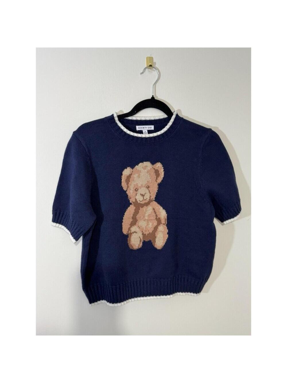 Society 212 Teddy Bear Graphic Pullover Sweater Navy Blue Knit Crew Neck M